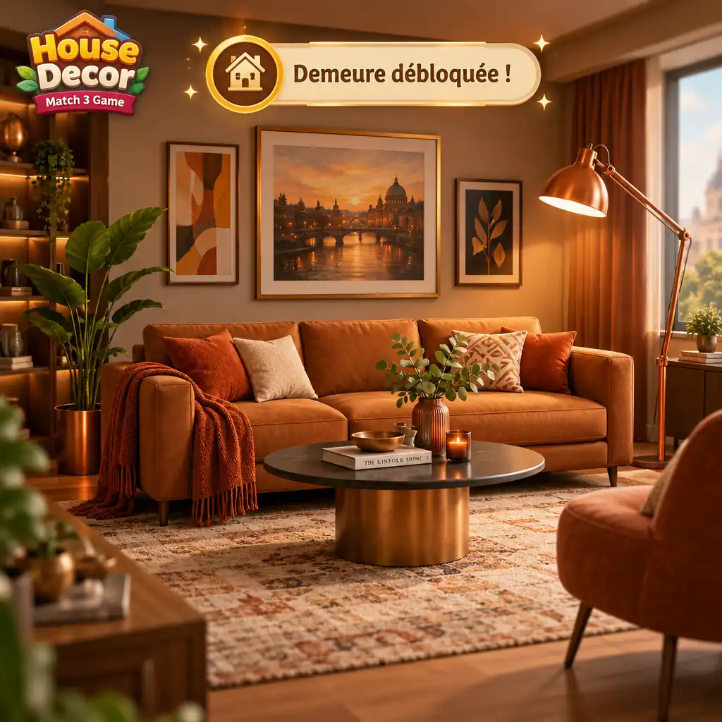 Intérieur élégant d'une demeure débloquée dans House Decor, avec canapé, table basse, plantes et éclairage chaleureux.