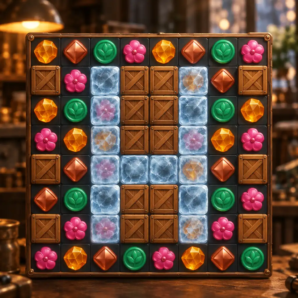 Capture d'écran stylisée d'un niveau difficile de House Decor montrant des caisses, de la glace et des power-ups