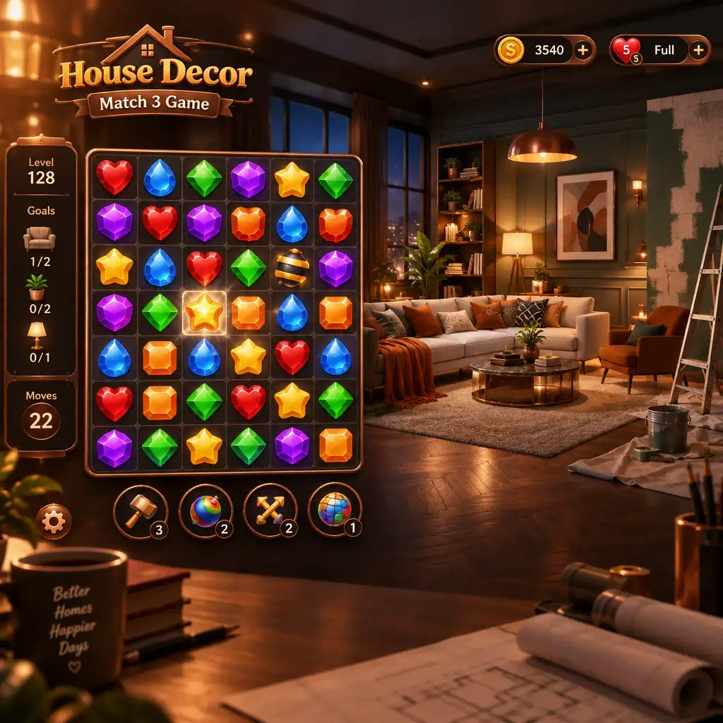 Capture stylisée du jeu House Decor montrant une grille de match-3 colorée et un salon élégant en cours de rénovation