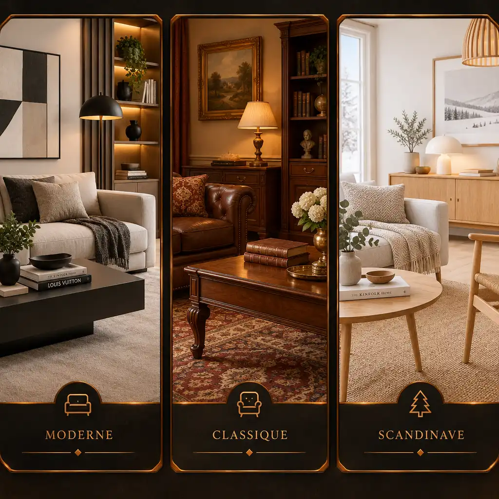Collage de trois intérieurs stylisés : moderne, classique et scandinave, dans des cadres sombres avec accents ambre