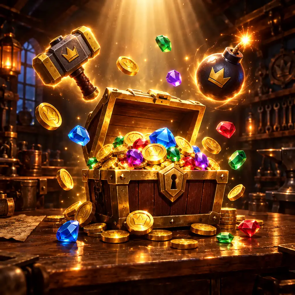 Illustration d'un coffre au trésor ouvert avec des pièces d'or, des gemmes et des boosters flottant autour