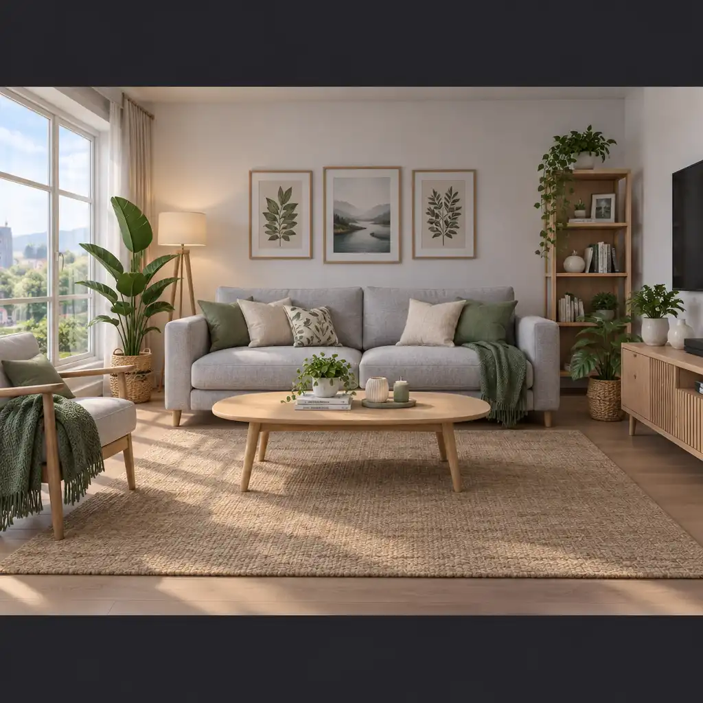 Salon scandinave lumineux avec canapé gris clair, table basse en bois clair et plantes vertes