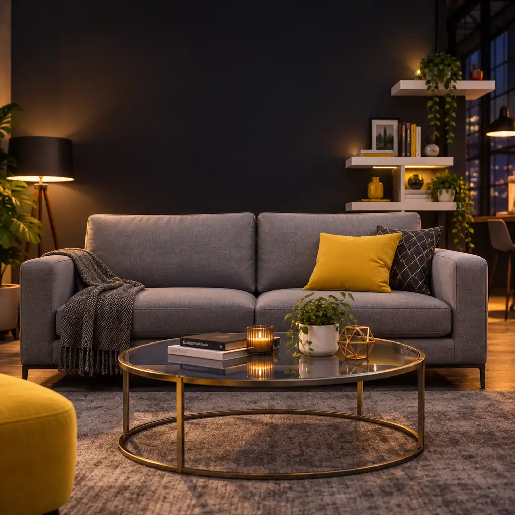 Salon moderne avec canapé gris, table basse en verre et étagères murales