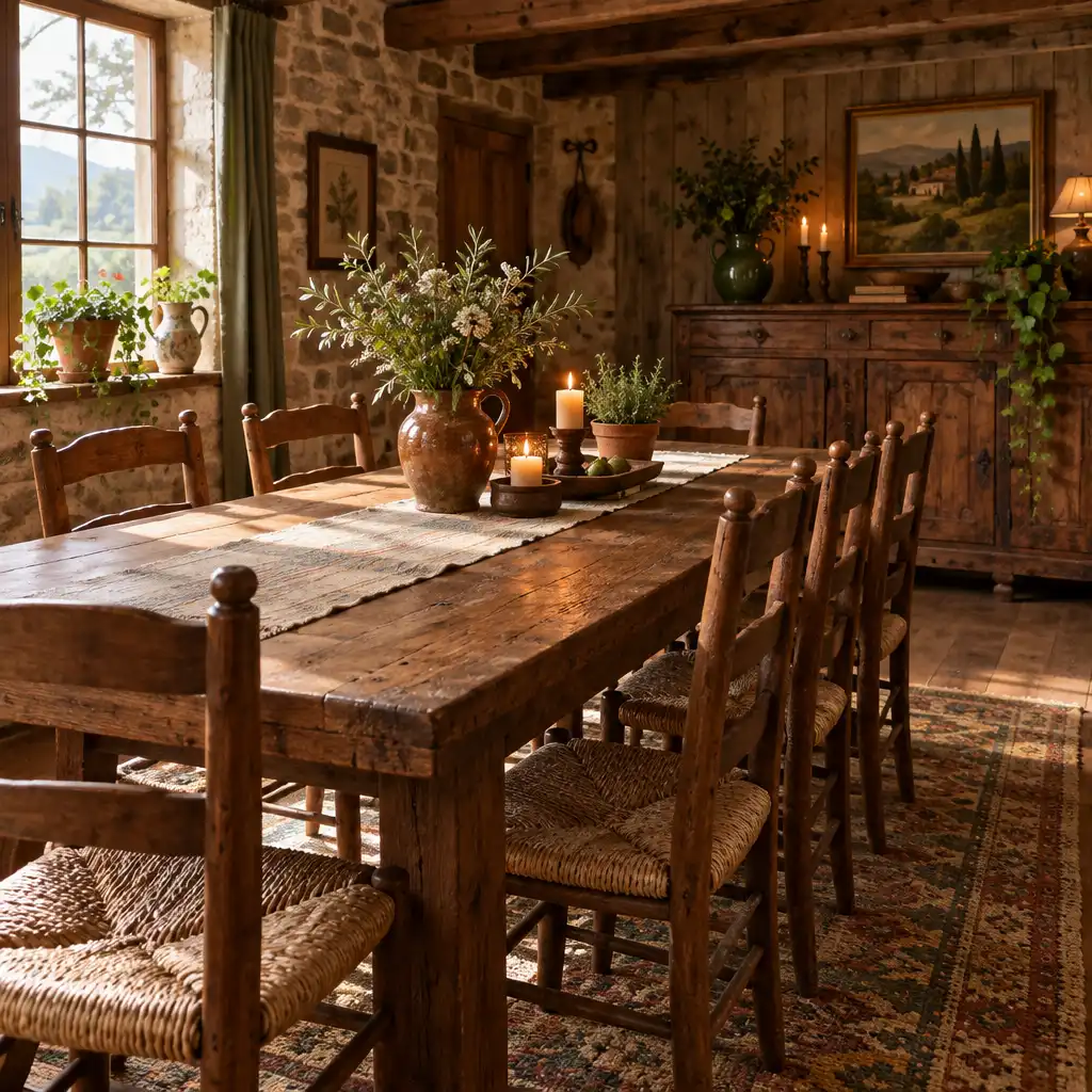 Salle à manger rustique avec table en bois massif et chaises paillées