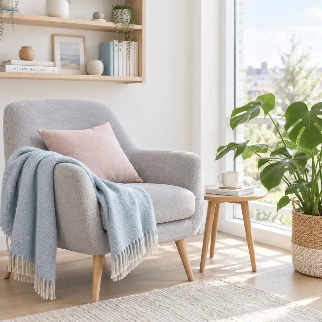 Coin lecture scandinave avec fauteuil en tissu gris et plante verte